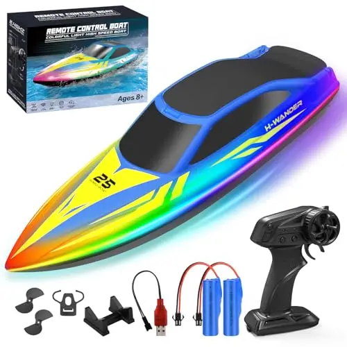 WUQNGI Barco Teledirigido Profesional con Luces LED de 7 Modos, Lancha Teledirigida de Alta Velocidad para Niños y Adultos, Barco RC para Piscina y Lago, 2 Baterías 120 Min, 2.4GHz, Autoadrizable