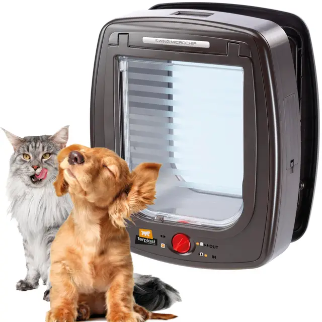 Ferplast Gatera con Microchip, Puerta para Gatos y Perros, Collar Incluido, Entrada y Salida controlables 4 vías, Protección contra Corrientes de Aire, Swing Microchip Tamaño Mediano, Marrón