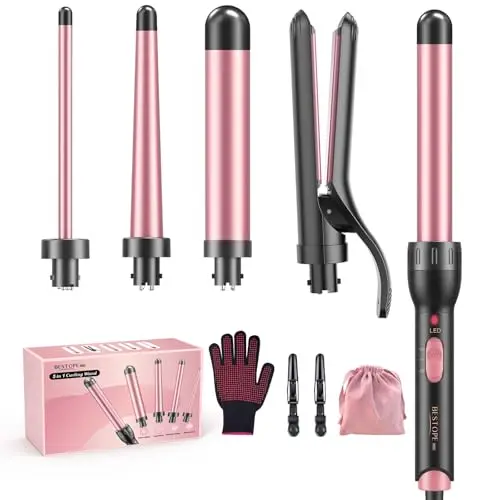 5 in 1 Rizador de Pelo con planchas del pelo, Rizador de Pelo Cerámica Antiestática Rizador pelo con 2 Temperatura Regulable Calentamiento rápido,grandes y pequeños