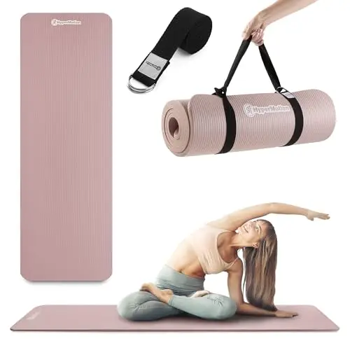 HyperMotion Esterilla Yoga NBR 183x61x1,5 cm Rose empolvado, Grosor 15 mm Antideslizante, con Correa para Transporte y Estiramientos, Colchoneta Fitness para Pilates y Relajación