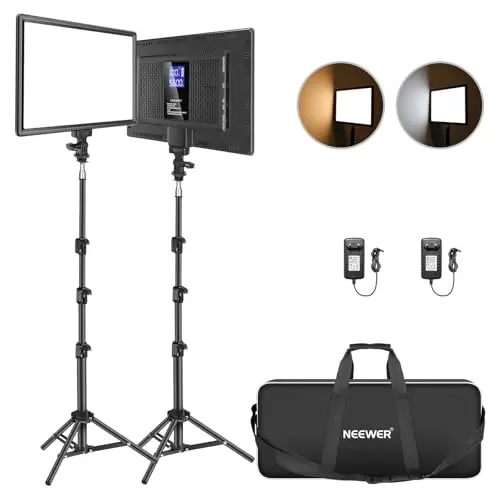 NEEWER 13" Kit Iluminación de Panel de Luz Video LED, 2 Pack Luces Suaves Bicolor Regulable con Soporte de Luz, 8000mAh Batería Incorporada, 3200K~5600K CRI 97+ 2400Lux para Juegos/YouTube/Fotografía