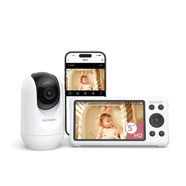 momcozy Vigilabebés WiFi de 5" con Cámara HD, Audio Bidireccional, Zoom 4X, Detección de Movimiento y Llanto, Zona Segura, Visión Nocturna Clara, Grabación de Foto y Vídeo