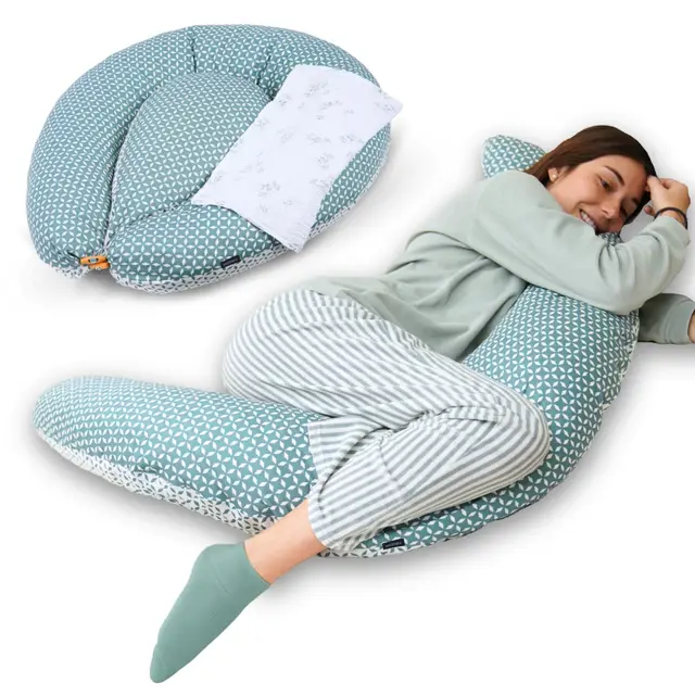 MATERNIKA Almohada Embarazada y cojin de Lactancia-XL Oeko-Tex. Multifunción 3 en 1 para Dormir, para la Lactancia y como Nido Bebe - Relleno de Espuma viscoelástica - Incluye Muselina para Bebe.