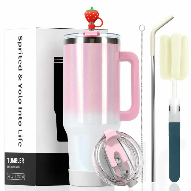 Taza térmica Watersy de 40 oz con asa y pajita, doble pared de acero inoxidable para llevar (mantiene el frío 34 horas), vaso al vacío para té, bebidas frías y café (color rosa)
