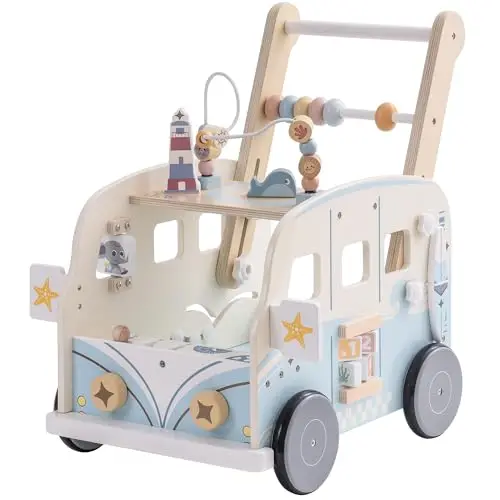 ROBUD Andador Bebes para Niños, Andador de Madera con ruedas y bloques de construcción, Juego de centro de actividad, Juguete para niños, regalo para niñas y niños