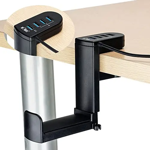 KIWIFOTOS Soporte para auriculares con gancho giratorio de 360° + abrazadera de resorte ajustable, soporte de gancho para auriculares de escritorio para juegos de escritorio, con USB 3.0 x 1 + USB 2.0