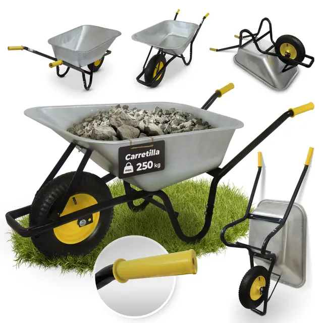 Carretilla con ruedas neumáticas, 85 L, 250 kg, carretilla de construcción, ligera y práctica, carretilla grande, carretilla de mano, carretilla de jardín, carretilla de transporte