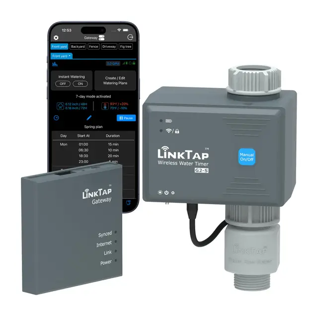 LinkTap G2S Temporizador de Riego Automatico, Gateway y Medidor Flujo - Programador de Riego Inteligente Jardín con Bloqueo Digital, Detección de Fallas y Notificaciones, IP66