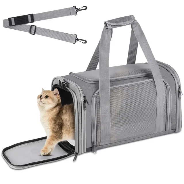 Transportín Perro Gato, Bolsa de Transporte Transpirable Gato Plegable, Aprobado por Aerolíneas, para Pequeños Medianos Gatos Cachorros Gatitos, para en Tren, Coche y Avión, Gris(40x25cm)