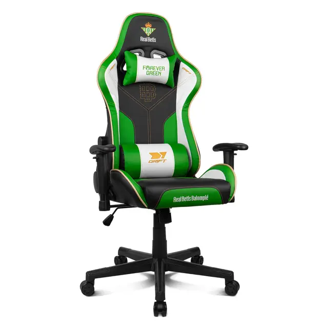 DRIFT GAMING Betis Edition – Silla Gaming Oficial Real Betis Balompié, Estructura Metal, Reposabrazos 2D Acolchados, Pistón Gas Clase 4, Cojines Lumbar y Cervical, Verde/Blanco
