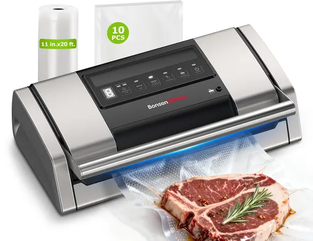 Bonsenkitchen Envasadora al Vacío, 15 L/min, con Clip Para Bolsas, Bloqueo de Asa y Cortador Integrado, Para Cocinar al Vacío y Preparar Alimentos, Sellado Rápido de Alto Rendimiento-VS5100