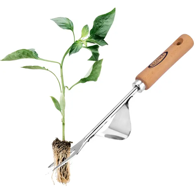 ECENCE Herramienta para Quitar Malas Hierbas de Acero Inoxidable - Eliminador de Malas Hierbas Manual con Mango de Madera - Extractor de Malas Hierbas para Escardar y Arrancar