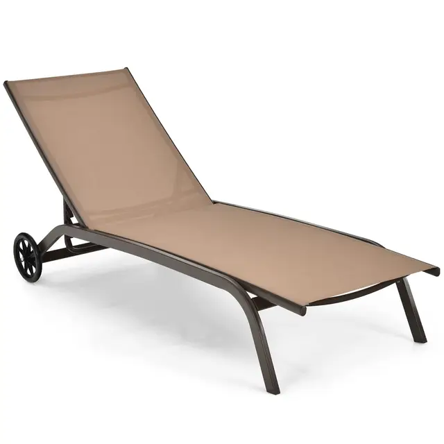 COSTWAY Tumbona de Jardín con Respaldo Reclinable, 6 Posiciones, Tumbona con Ruedas, Tela de Texileno, 164,5 x 61 x 34cm, Terraza, Balcón, Playa, Piscina (café)