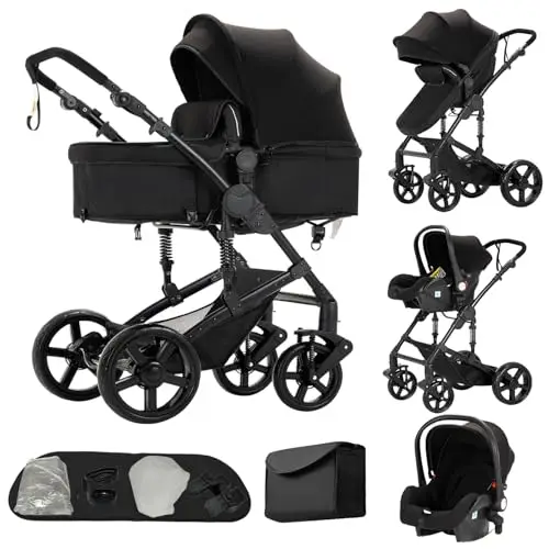 Cochecito 3 en 1 de Bebé con Silla de Coche, Cuna de Paisaje Elevado, Toldo Ajustable y Ruedas con Amortiguadores, Marco de Aleación de Aluminio(negro)