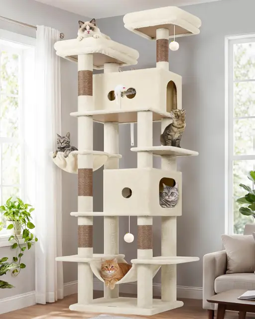 Globlazer Árbol Rascador Beige para Gatos XXL 204 cm Alto con 2 Grande Nidos 50*30*30CM, 2 Acolchada Plataforma, Hamaca, Cesta, Juguetes, Estable Rascador para 3-5 Gatos Adultos Interior (S80B, Beige)