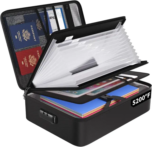 Bolsa de documentos ignífuga con cerradura, 5200 ℉ A4, organizador de almacenamiento con 13 compartimentos, maletín portátil para el hogar y la oficina, almacenamiento de documentos para documentos