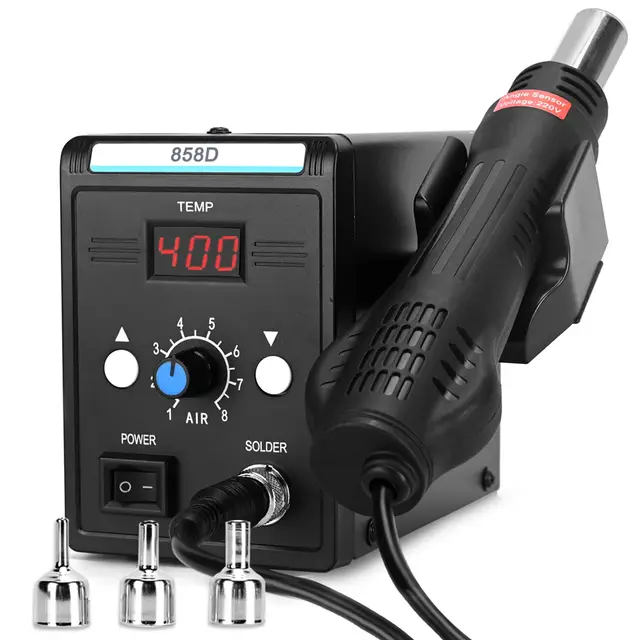 Estación de retrabajo de aire caliente con pantalla LCD, estación de soldadura de temperatura y volumen ajustable 858D, 3 boquillas de aire caliente, 700 W para soldadura y reparación SMD