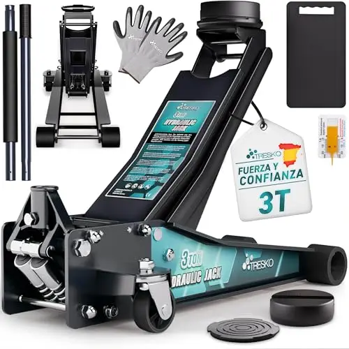 TRESKO® gato hidráulico 3T altura de elevación 75-510mm | gato hidráulico para vehículos con doble pistón y ruedas de 360° | gato de coche incl. 2X almohadilla de goma, alfombrilla de protección
