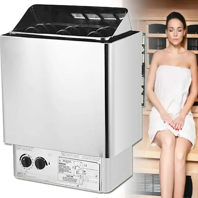 Estufa Sauna Eléctrica Profesional, Montaje en Pared, INOX, 0-80°C Regulable, Temporizador, Soporte Pretaladrado, para Sauna, Gimnasio, Centro de Bienestar, Hotel, Uso Comercial 4.5KW