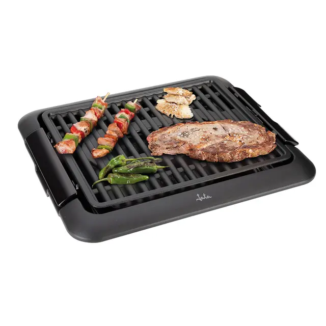 Jata BQ108 - Barbacoa Eléctrica para Interiores 1250 W Desmontable, Antiadherente sin PFOA, 32 x 26 cm, Termostato Regulable Extraíble, Bandeja Recogegrasas
