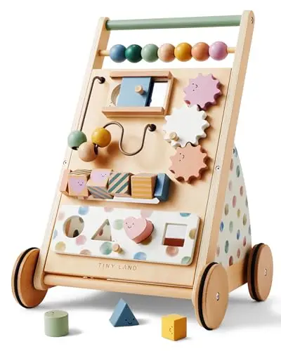 Tiny Land Andador de madera, juego de andador para bebé, andador con velocidad ajustable para niños y niñas, andador y centro de actividades para bebés