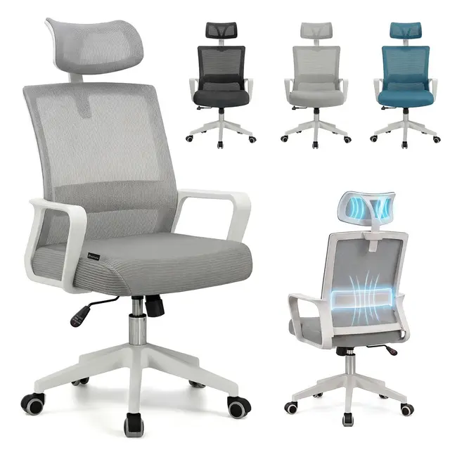 duehome | Silla de Oficina Ergonómica, Silla de Escritorio, Modelo Dafne, Acabado en Gris y Blanco, Medidas: 55 cm (Ancho) x 51 cm (Largo) x 111-121 cm (Alto)