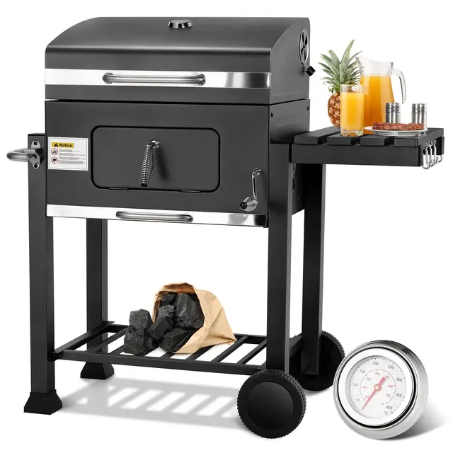 TLSUNNY Parrilla Barbacoa Carbon con Tapa, Barbacoas de Carbón XL, Parrilla Barbacoa con Termómetro, Ruedas, BBQ Smoker en Jardín y Exteriores, Gran Capacidad, Portatil, Negro
