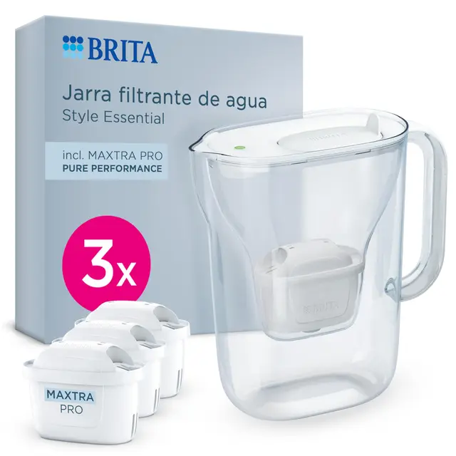 BRITA Jarra filtrante Style Essential Blanca (2.4L) incl. 3x MAXTRA PRO PURE PERFORMANCE | Compatible con la puerta del frigorífico, con indicador LED, filtra impurezas y metales