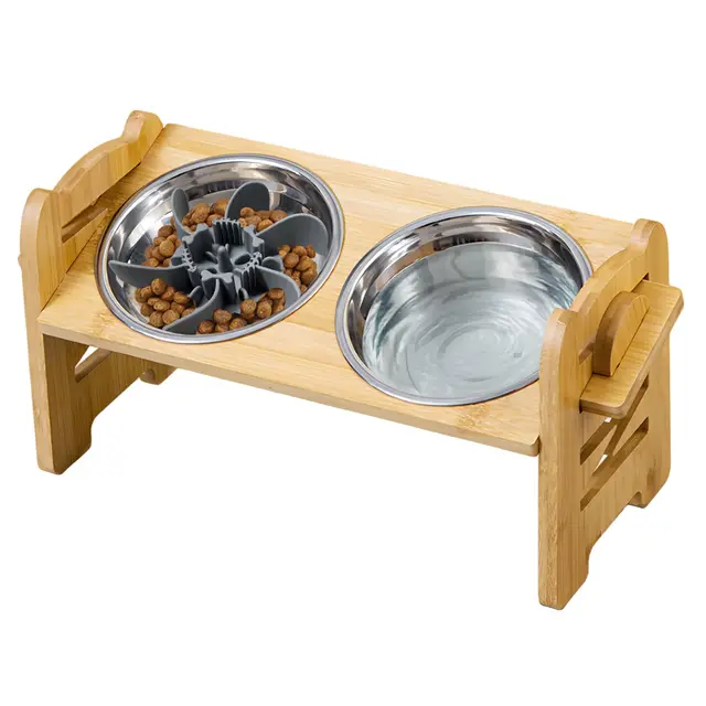 Comedero para perros ajustable en altura, comedero elevado, comederos para perros con soporte de bambú para perros pequeños y gatos, estación de alimentación antideslizante, cuencos de acero