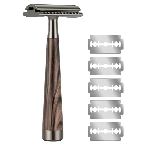AOOWU Máquinilla de Afeitar Hombre, Set de Afeitado Manual Adecuado con 5 Hojas de Afeitar de Doble Filo y 1 Cabezal de Corte de Aleación de Zinc, Cuchilla Clasica Afeitado Manual para Hombre y Mujer