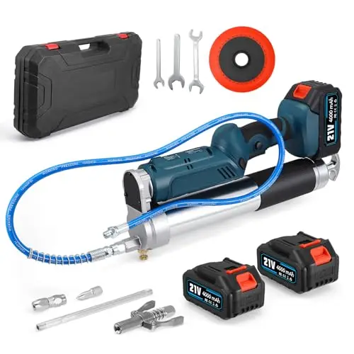 Engrasadora Bateria, Battery Grease Gun de Alta Eficiencia de 5.3oz/min 12 000PSI con 2*4 Ah y Cargador, Manguera de 100 cm, luz LED, Capacidad de 600 ml para Camiones, Granjas, Construcción