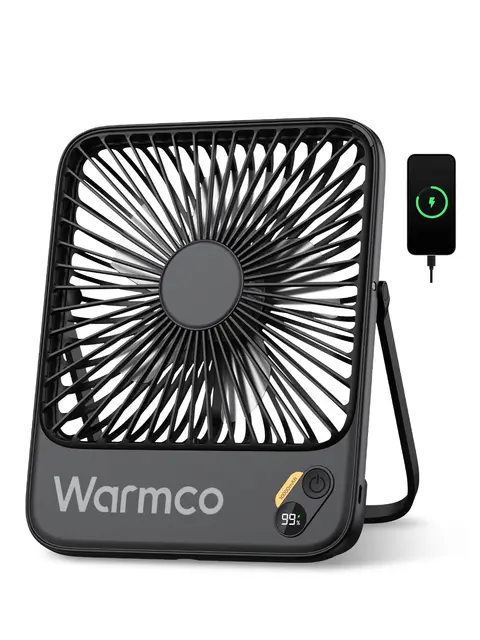 Warmco Ventilador Portátil 10000mAh 21 cm de Altura, Hasta 24H, Ultra Fino Silencioso Recargable de Mesa con Pantalla Digital para Camping, Oficina, Dormitorio, Viajes