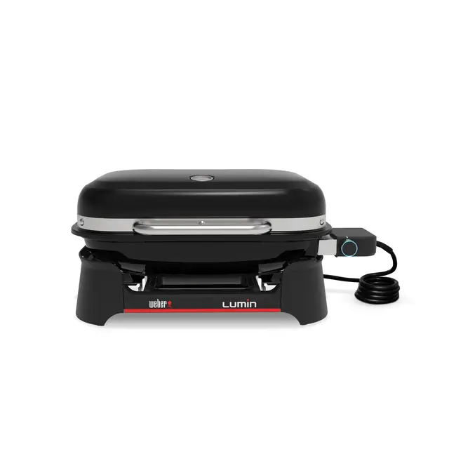 Weber Lumin Barbacoa eléctrica, hasta 315 °C, con termómetro Integrado en la Tapa, Parrillas de Hierro esmaltado, Superficie de cocción de 33 x 49 cm, Negro (1502045)