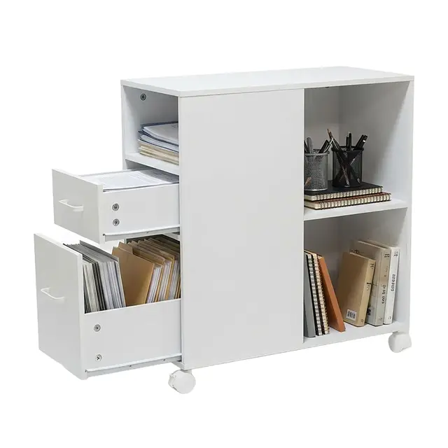 Relaxdays Cajonera con Ruedas, 2 cajones y 3 Huecos, MDF, Oficina, Blanco, 65x30x60 cm