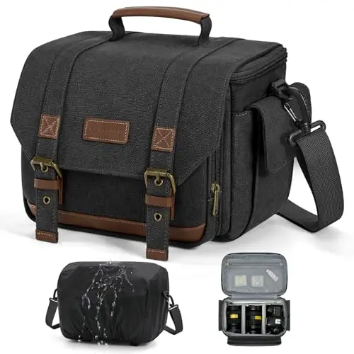 RAINSMORE Bolsa para Cámara Vintage, Impermeable, Bandolera para DSLR y Mirrorless con Acolchado de 10 mm, Cubierta de Lluvia y Soporte para Trípode, Ideal para Fotógrafos