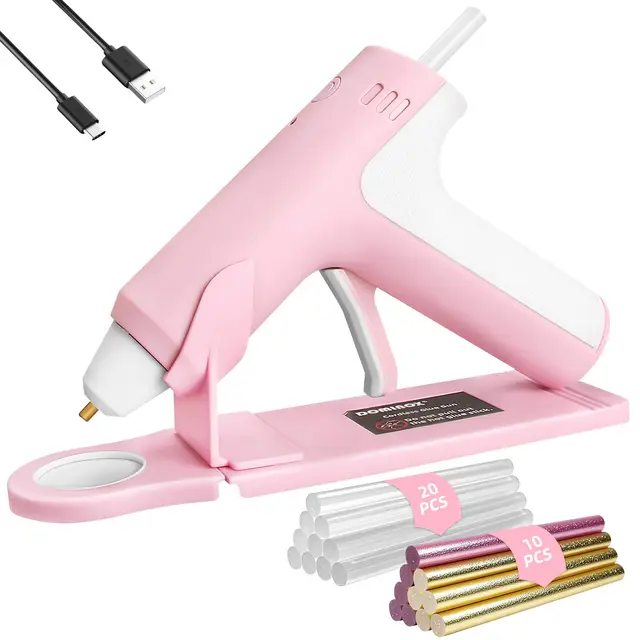Pistola de Pegamento Caliente Inalámbrica con 30 Barras de Silicona, Calentamiento Rápido de 25S, Batería Recargable 2000mAh Type-C, Apagado inteligente, para Arte, Artesanía, DIY, Rosa