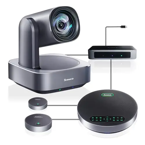 Tenveo 4K PTZ Cámara de conferencias con Sistema de Altavoz Bluetooth 2 micrófonos de expansión Zoom óptico 12X Lente Gran Angular de visión Funciona con Zoom Skype Teams