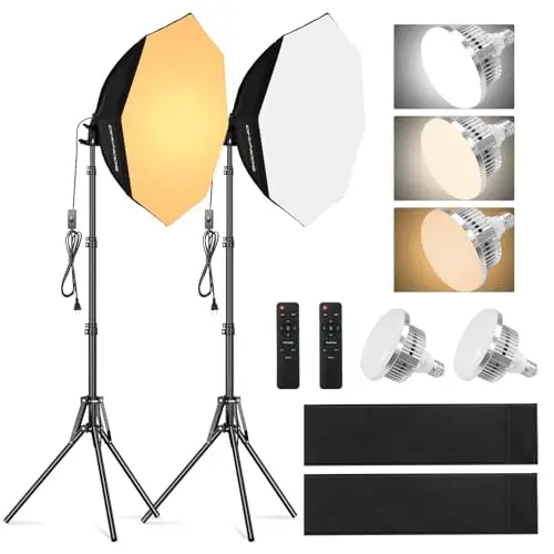Soonpho Set de Softbox Octágono para Estudio Fotográfico, 55cm con Soportes de Luz, 3000-6000K Luces para Vídeo y Retratos, 2x85W