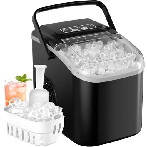 Máquina de Hielo Portátil para Hogar 12KG/24H, Autolimpieza Ice Maker, 6-8 min 8 Cubitos, 2 Tamaños de Hielo, para Cocina/Office/Fiestas, Negro