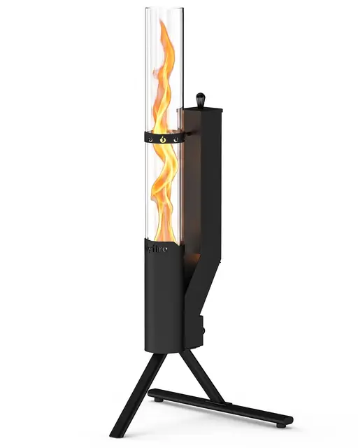 Onlyfire Estufa de Exterior de Pellets, Antorcha con Llama en Espiral de 360°, Chimenea de Jardín con Cilindro de Cristal de 65cm, Brasero de Exterior para Terraza y Camping, Altura Total 110cm