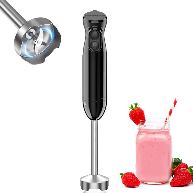 Bonsenkitchen Batidora de Mano, Acero Inoxidable de 1000 W, 2 Velocidades, Varilla Mezcladora para Alimentos para Bebés, Sopa, Batidos, Puré, Batidora de Mano de Salsa (Negro)