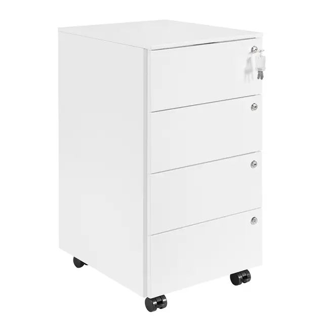 Cajonera móvil, Archivador Metálico con 4 Cerraduras, 4 Llaves, 4 Cajones, Premontado, para Oficina, Oficina en Casa, Blanco