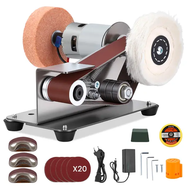 Lijadora de banda eléctrica mini, lijadora de banda pequeña, lijadora de mesa de 15 grados con ángulo fijo, pulidora ajustable de 7 etapas para metal, madera, manualidades