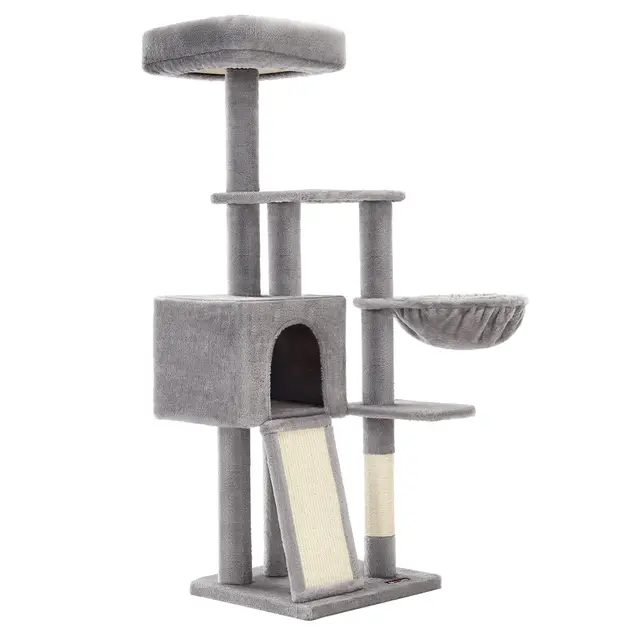 FEANDREA Árbol para Gatos Pequeños, 135 cm, Condominio para Gatos de Felpa de Varios Niveles, con Cubierta de Plataforma Extraíble y Lavable, Rascador, Cesta, Cueva, Gris Claro