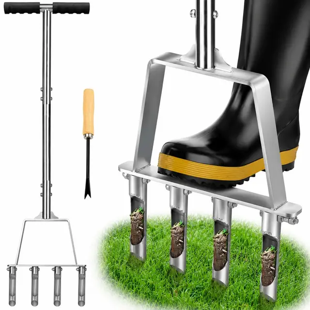 Aireador de Césped Manual de 4 Púas de Acero Inoxidable, Aireador de Césped con Mangos de T, Herramienta de Jardinería para Descompactar Suelo Duro, Arcilla y Césped Artificial