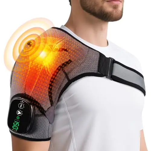 Almohadilla Térmica Inalámbrica Para Masaje De Hombro, Hombrera Térmica Con 3 Niveles De Calor Y Vibración, Pantalla Táctil Y Batería De 5000mah, Ajuste Para Hombro Izquierdo/Derecho (Gris)