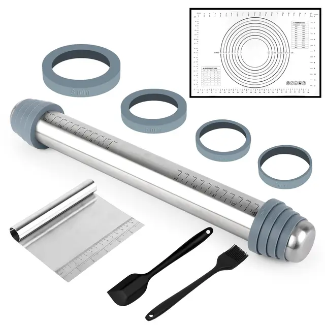 Rodillo de Acero Inoxidable, Rodillo Masa de Metálicos Rolling Pins con 4 Discos Ajustables Anillo Grosor, para Fondant Pastelería, Pastas, Pizza