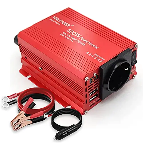 Yinleader 500W Inversor de Corriente, DC 12V y 220V-240V, Conversor de para Coche, convertidor de tensión doble USB Power Inverter CC 12 V AC 230 V, transformador con toma eléctrica