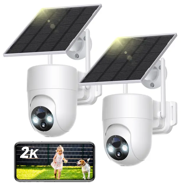 SEHMUA Camara Vigilancia WiFi Exterior Solar, 2K Cámaras de Vigilancia sin Cables con Batería, 360° PTZ, Visión Nocturna Color, 2.4 GHz Wi-Fi, PIR Detección, Audio Bidireccional, IP66, 2 Piezas