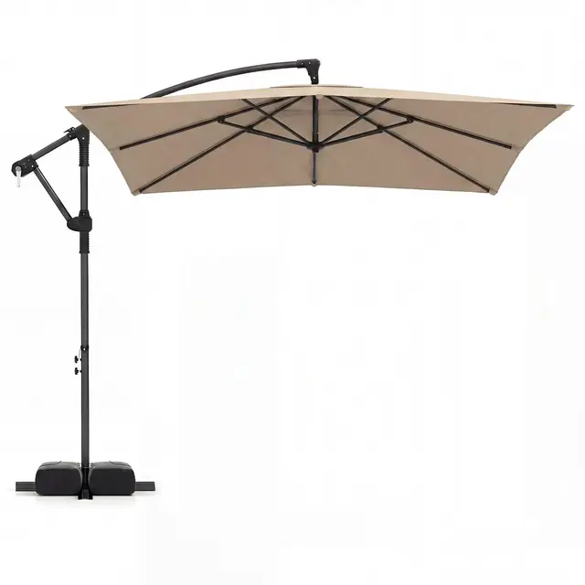 COSTWAY Sombrilla Terraza Exterior con Base, Parasol Excentrico con 8 Varillas de Metal, Rotación de 360°, Manivela, Base en Cruz y Sacos de Arena, Sombrilla Jardín Grande(250 x 250 cm(sin Luz),Café)